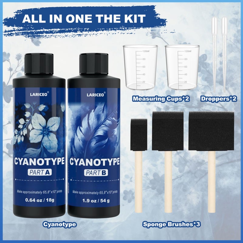 LARICEO Cyanotype Solution Kit with 7 Tools, Cyanotype Chemicals Sensitizer Set for Fabric, Paper, and Art Projects, Artist Blue Painting Thinner Dye & Printing Supplies, Sun Printing Kit for Beginners - Image 2
