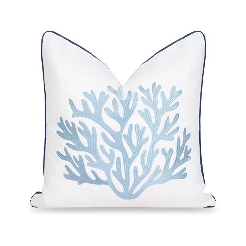 Hofdeco Premium Coastal Patio Indoor Outdoor Throw Pillow Cover Only 20x20 Water Repellent for Backyard Couch Navy Baby Blue Embroidered Sea Life Coral with Piping - Image 1