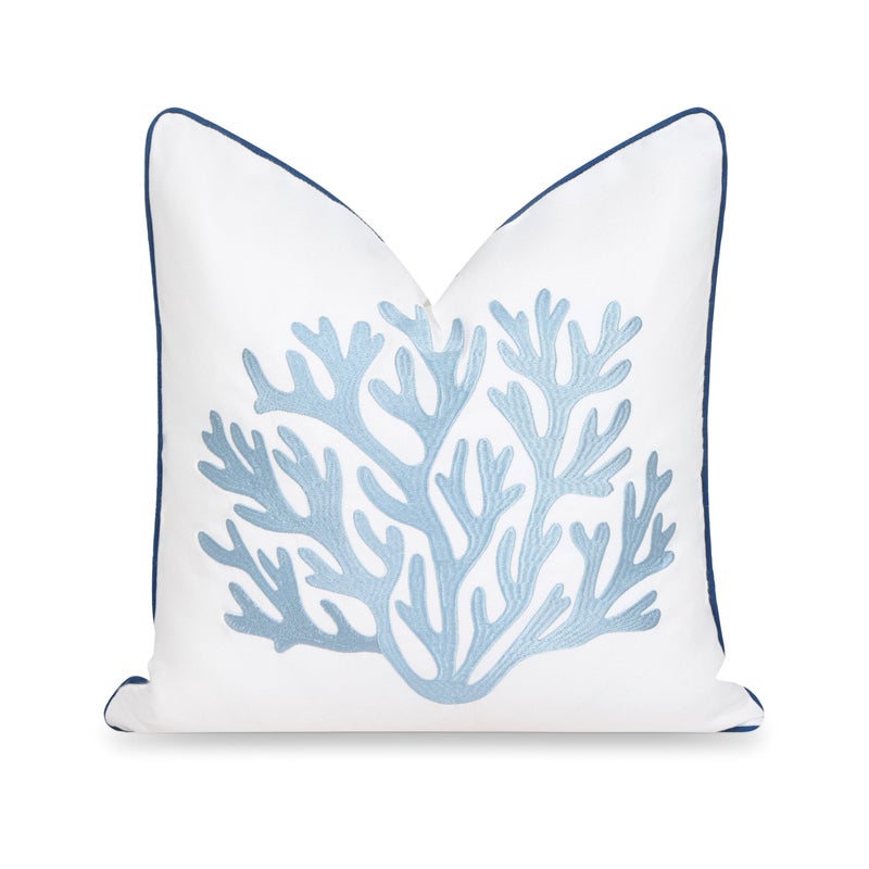 Hofdeco Premium Coastal Patio Indoor Outdoor Throw Pillow Cover Only 20x20 Water Repellent for Backyard Couch Navy Baby Blue Embroidered Sea Life Coral with Piping - Image 2