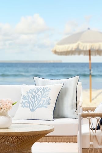 Hofdeco Premium Coastal Patio Indoor Outdoor Throw Pillow Cover Only 20x20 Water Repellent for Backyard Couch Navy Baby Blue Embroidered Sea Life Coral with Piping - Image 3