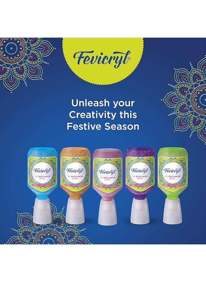 Fevicryl 3D Outliners Glitter Kit 20ml x 5 | Fabric and Multi-Surface 3D Outliners Assorted Pack, Multi Colour | DIY Art & Craft | Ideal for Artists, Gifting - Image 4