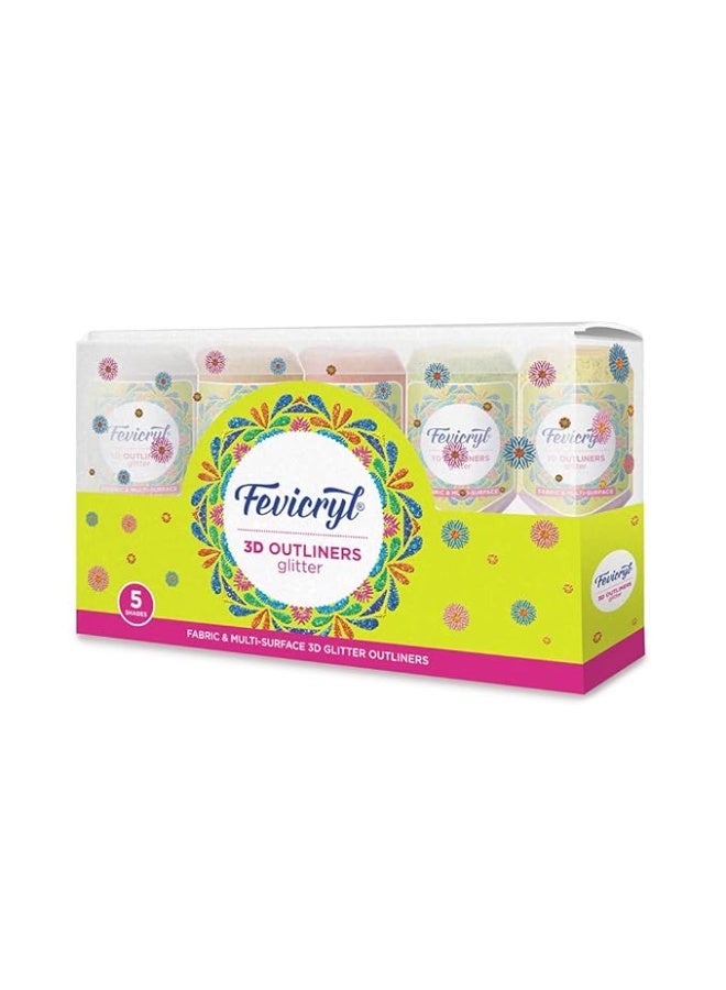 Fevicryl 3D Outliners Glitter Kit 20ml x 5 | Fabric and Multi-Surface 3D Outliners Assorted Pack, Multi Colour | DIY Art & Craft | Ideal for Artists, Gifting - Image 1