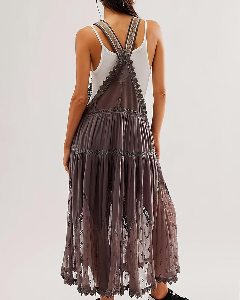 ebossy Women's Laced Embroidered Tulle Bib Dress Casual Loose Adjustable Straps Maxi Dress (XL, Coffee) - Image 2