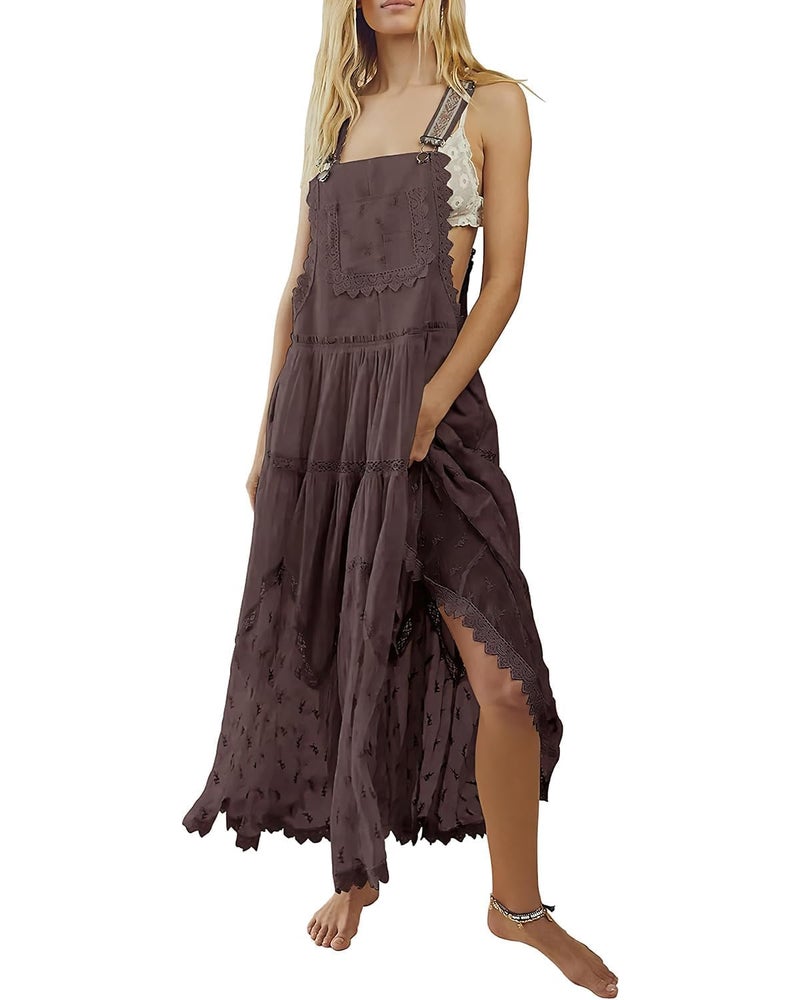 ebossy Women's Laced Embroidered Tulle Bib Dress Casual Loose Adjustable Straps Maxi Dress (XL, Coffee) - Image 1