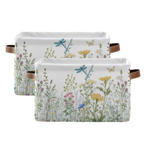 KEEPREAL Colorful Herbs And Flowers Storage Baskets,Decorative Collapsible Rectangular Canvas Fabric Storage Bin for Home, 2PACK - Image 1