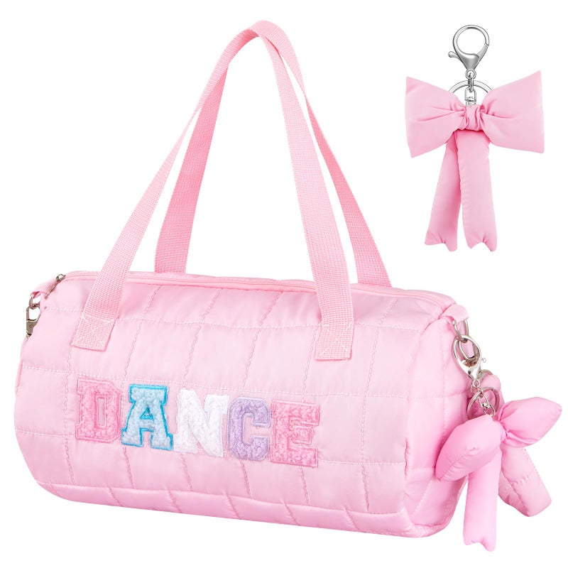 Bulyoou 128 Inches Quilted Puffer Ballet Dance Bag Cute Tote Bag with Hanging Bow Pendant for Travel Dancing DressPinkDance Lettering - Image 2