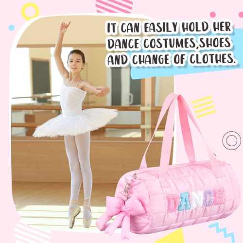 Bulyoou 128 Inches Quilted Puffer Ballet Dance Bag Cute Tote Bag with Hanging Bow Pendant for Travel Dancing DressPinkDance Lettering - Image 3