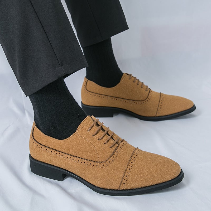 New Style Men'S British Retro Three-Strap Large Size Matte Yellow Lace-Up Business Formal Leather Shoes - Image 2