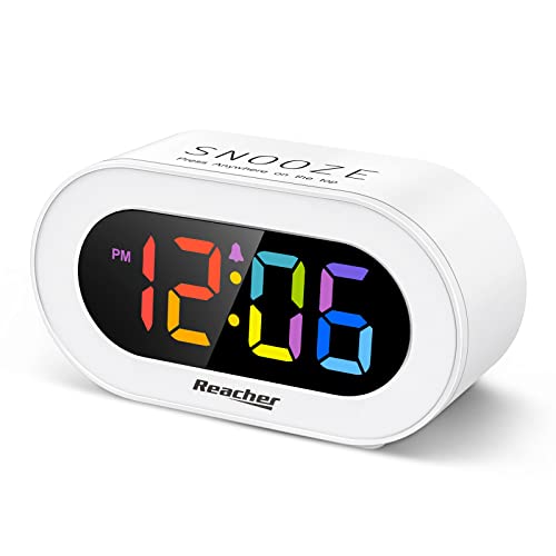 REACHER Small Colorful LED Digital Alarm Clock with Snooze, Simple to Operate, Full Range Brightness Dimmer, Adjustable Alarm Volume, Outlet Powered Compact Clock for Bedrooms, Bedside, Desk, Shelf - Image 1
