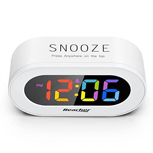 REACHER Small Colorful LED Digital Alarm Clock with Snooze, Simple to Operate, Full Range Brightness Dimmer, Adjustable Alarm Volume, Outlet Powered Compact Clock for Bedrooms, Bedside, Desk, Shelf - Image 3