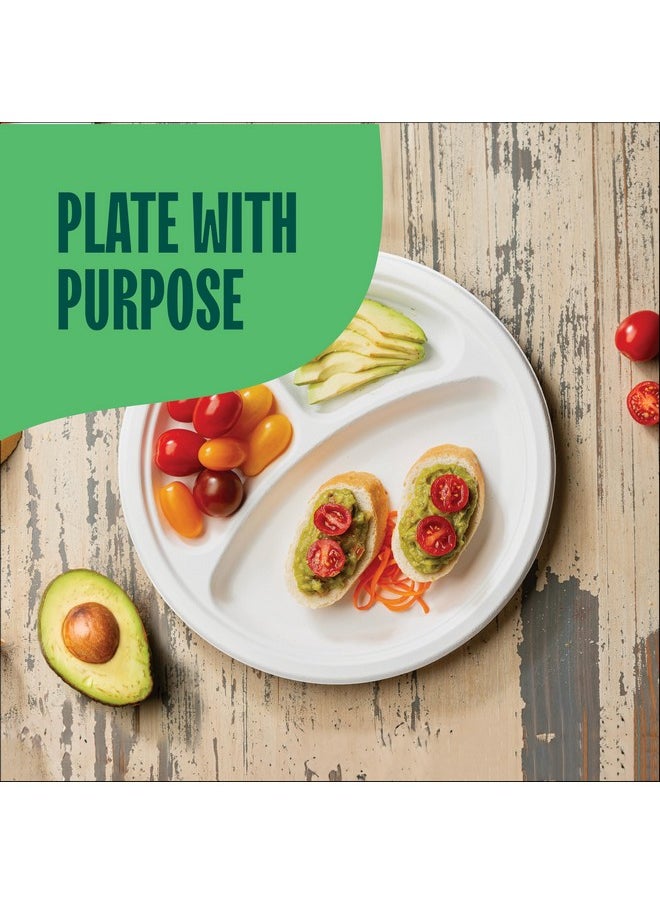 Stack Man 100% Compostable, 3 Compartment [10-Inch] Disposable Paper Plates [125-Pack] Sectional Lunch Trays + Dividers - Divided Platter Tray - Heavy Duty Biodegradable Bagasse (BPA-Certified) (PFAS-Free)  - Image 2