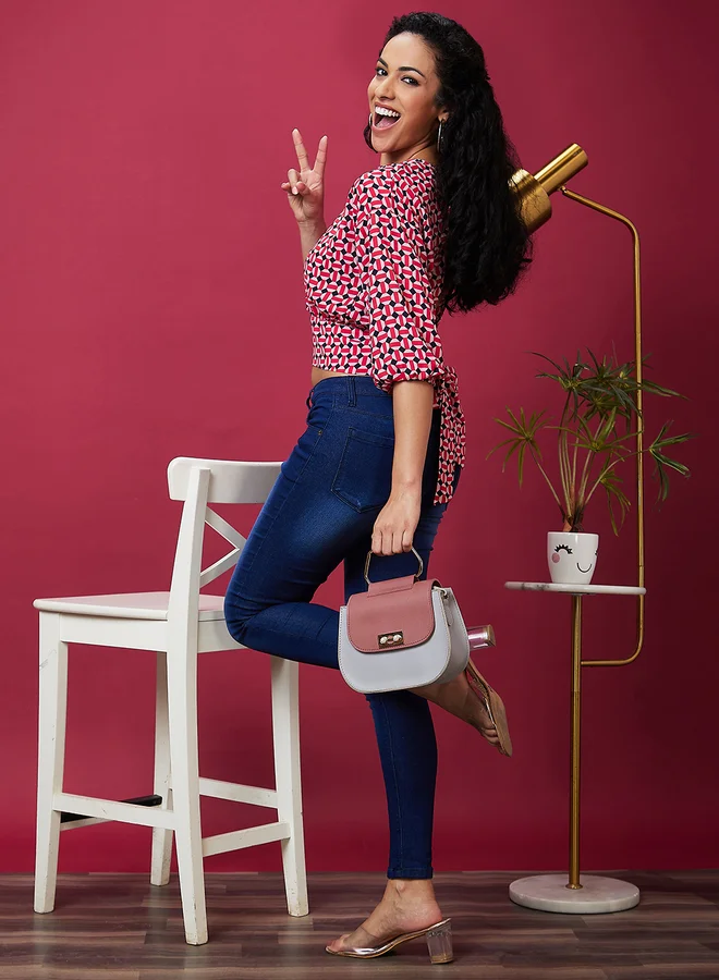 globus Printed Back Bow Tie Up Crop Top