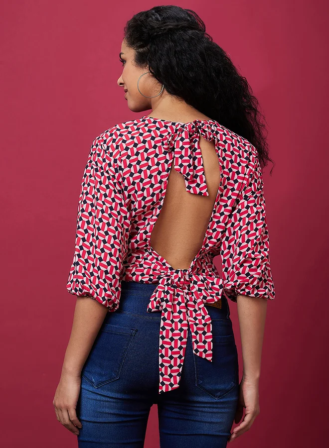 globus Printed Back Bow Tie Up Crop Top
