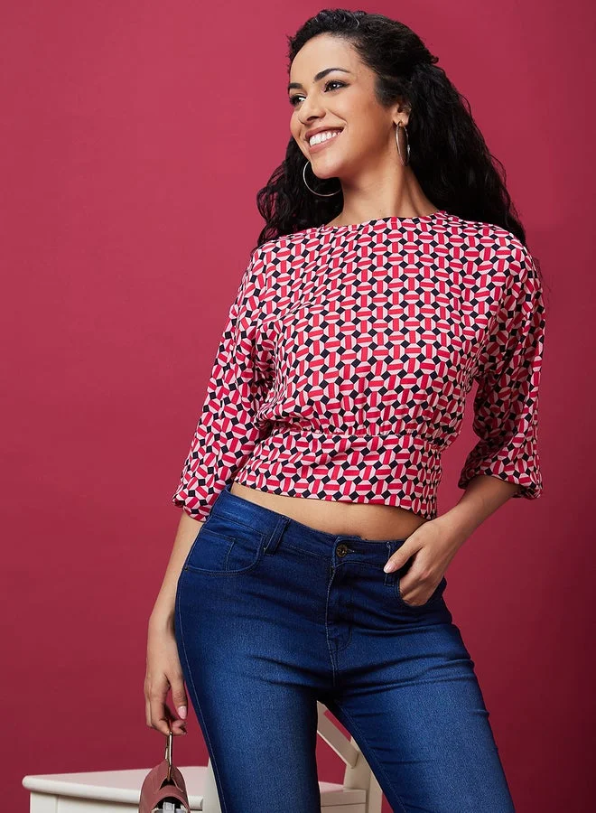 globus Printed Back Bow Tie Up Crop Top