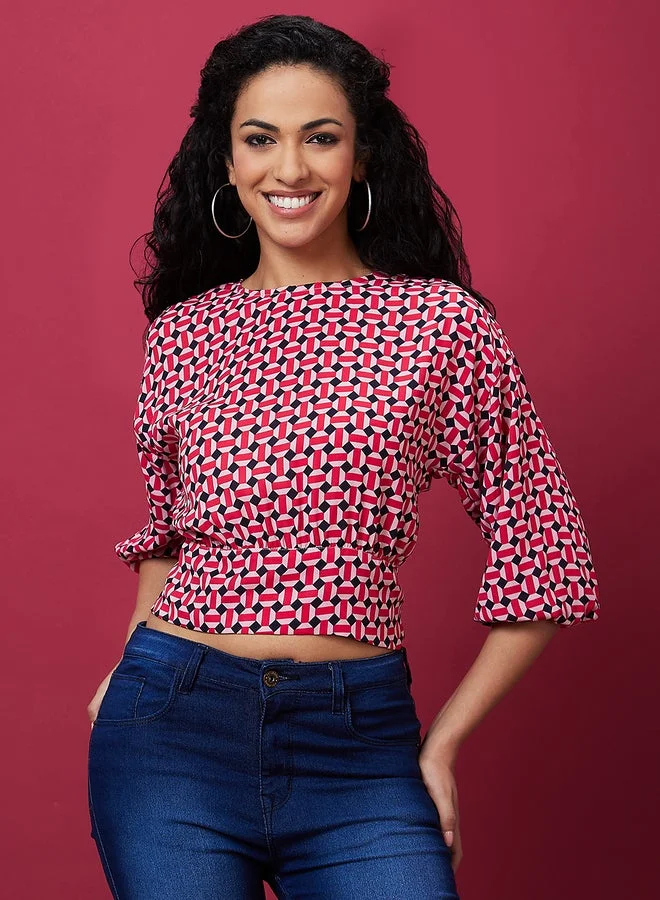 globus Printed Back Bow Tie Up Crop Top