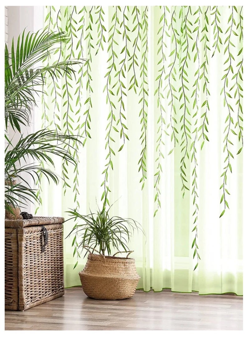 Green Sheer Curtains 39 X 106 Inches Long 2 Panels, Semi Sheer Voile Window Curtains, Willow Voile Botanical Window Curtain for Living Room Balcony Sunroom Closet Doorway,Light Green - Image 1