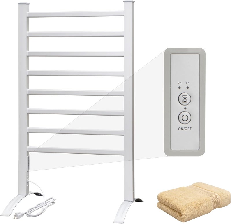 KEG Towel Warmer 8 Bars for Bathroom Freestanding or Wall Mounted Bath Towel Heater Plug-in with Built-in Timer Silver - Image 1