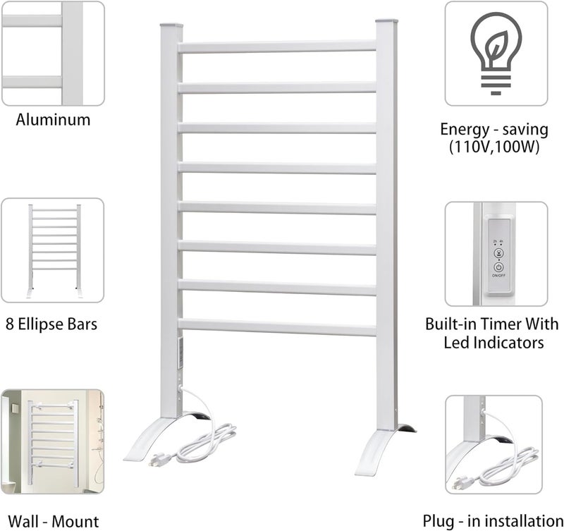 KEG Towel Warmer 8 Bars for Bathroom Freestanding or Wall Mounted Bath Towel Heater Plug-in with Built-in Timer Silver - Image 5
