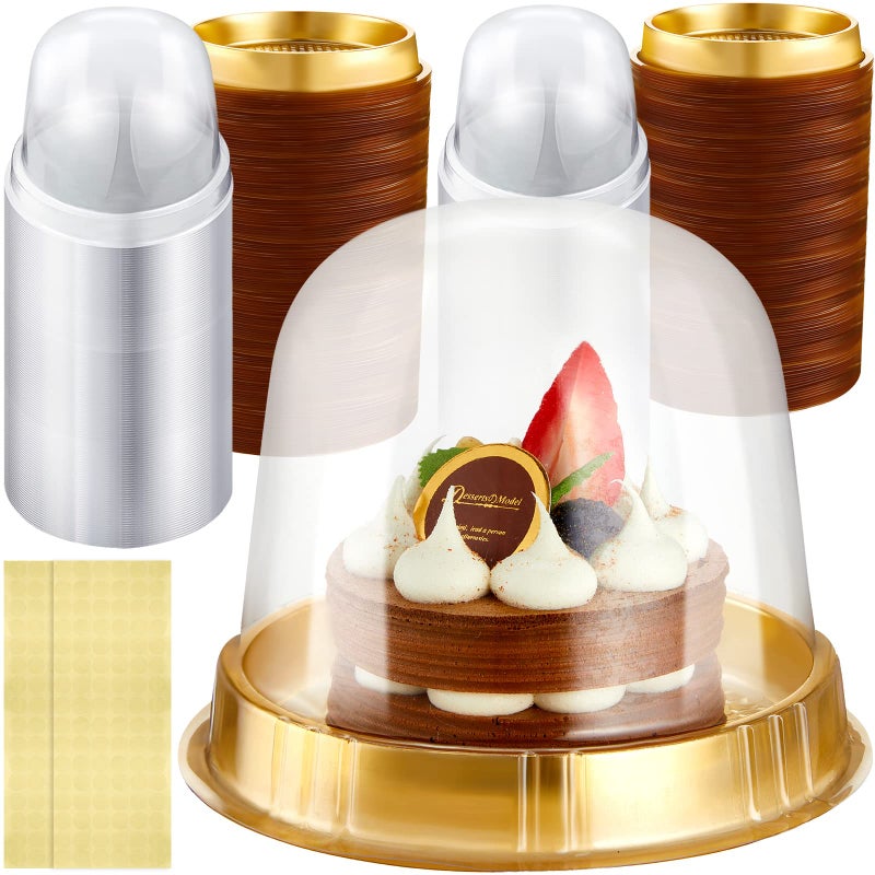 Mimorou Individual Cupcake Boxes Clear Plastic Cupcake Containers Disposable Single Holder with Lid Tall Cake Carrier 5.3 Inch Diameter 4.3 Inch Height with Stickers for Wedding(Gold,200 Pcs) - Image 1