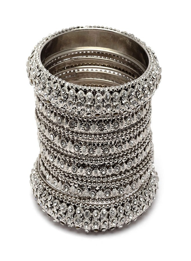 KENNICE Oxidised Silver-Plated White Artificial Stones studded Bangles Jewellery Set - Image 3