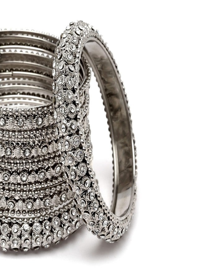 KENNICE Oxidised Silver-Plated White Artificial Stones studded Bangles Jewellery Set - Image 4
