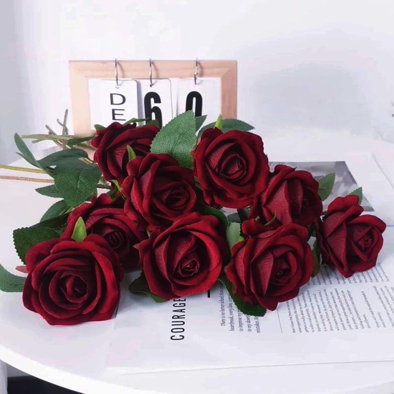 PacuM Artificial Roses, Pack of 12, Artificial Flowers, Silk Flowers, Roses 51 x 7 cm, Artificial Flowers, Realistic Single Stem Flowers for Wedding Party, Valentine's Day, Home Decoration (Wine Red) - Image 4