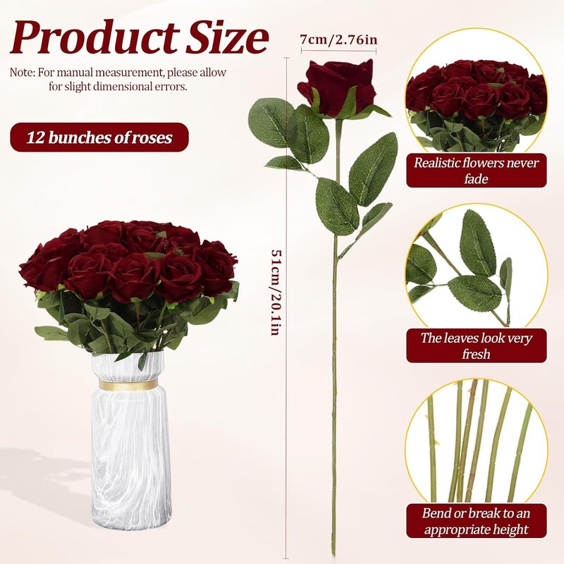 PacuM Artificial Roses, Pack of 12, Artificial Flowers, Silk Flowers, Roses 51 x 7 cm, Artificial Flowers, Realistic Single Stem Flowers for Wedding Party, Valentine's Day, Home Decoration (Wine Red) - Image 2