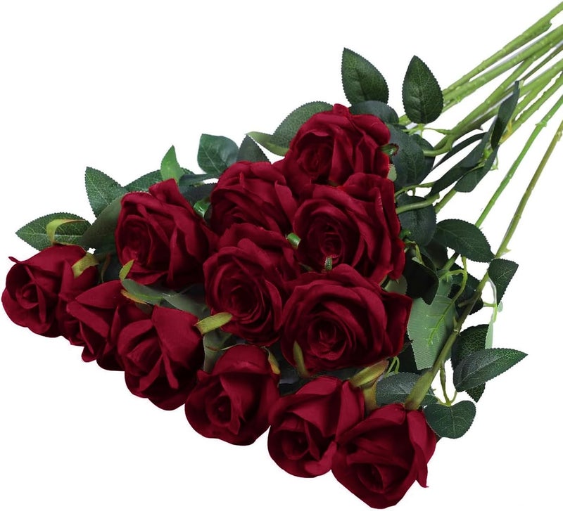 PacuM Artificial Roses, Pack of 12, Artificial Flowers, Silk Flowers, Roses 51 x 7 cm, Artificial Flowers, Realistic Single Stem Flowers for Wedding Party, Valentine's Day, Home Decoration (Wine Red) - Image 1