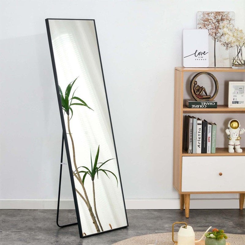 LION HOME Black Full Length Mirror 170 x 50 cm with Stand - Foldable Floor Mirror, Freestanding Space Saving Design for Bedroom & Gym - Modern Metal Frame