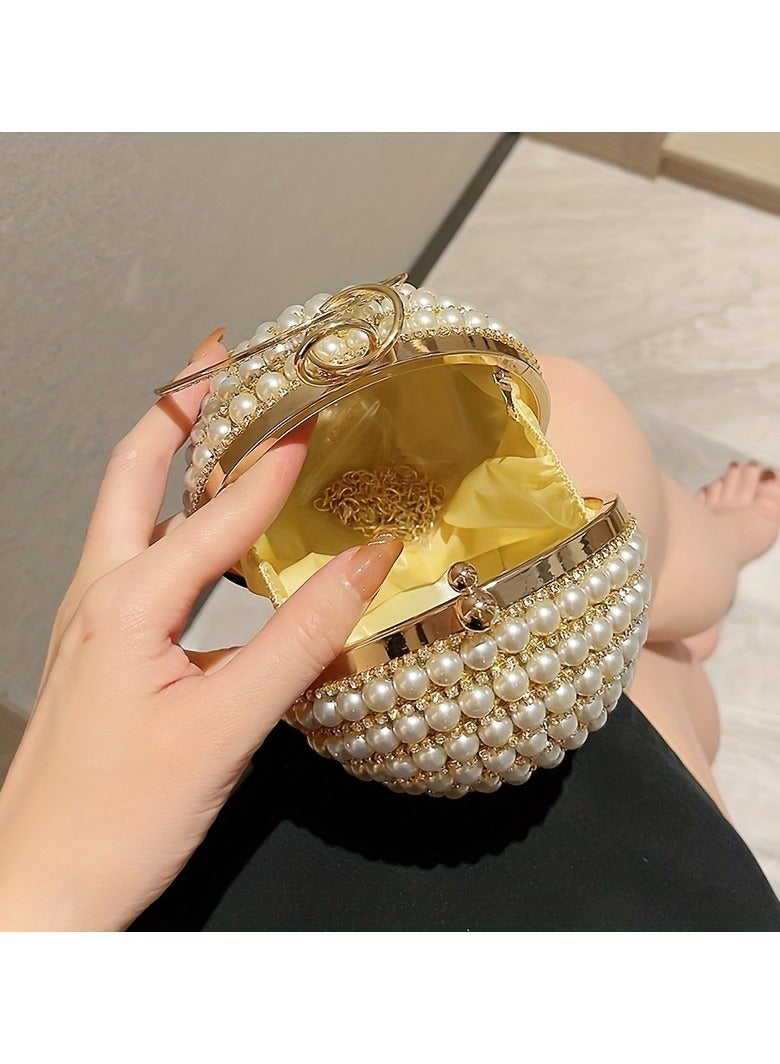 1pc Pearl Studded Diamond Dinner Ball Handbag – Ladies’ Evening Dress Shoulder Bag, Elegant Messenger Chain Bag, Bridal Party Handbag  - Image 4