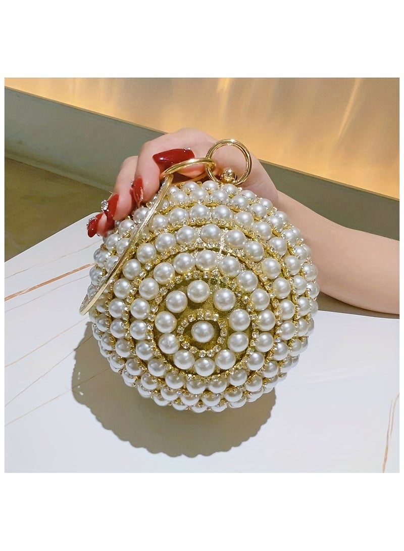 1pc Pearl Studded Diamond Dinner Ball Handbag – Ladies’ Evening Dress Shoulder Bag, Elegant Messenger Chain Bag, Bridal Party Handbag  - Image 3