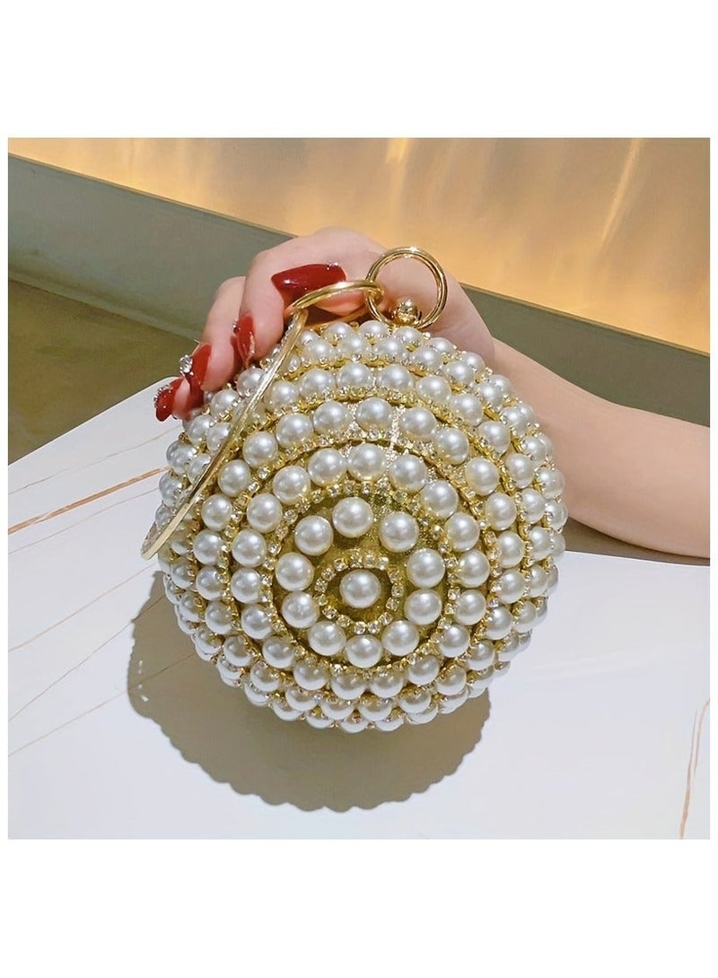 1pc Pearl Studded Diamond Dinner Ball Handbag – Ladies’ Evening Dress Shoulder Bag, Elegant Messenger Chain Bag, Bridal Party Handbag - Image 3