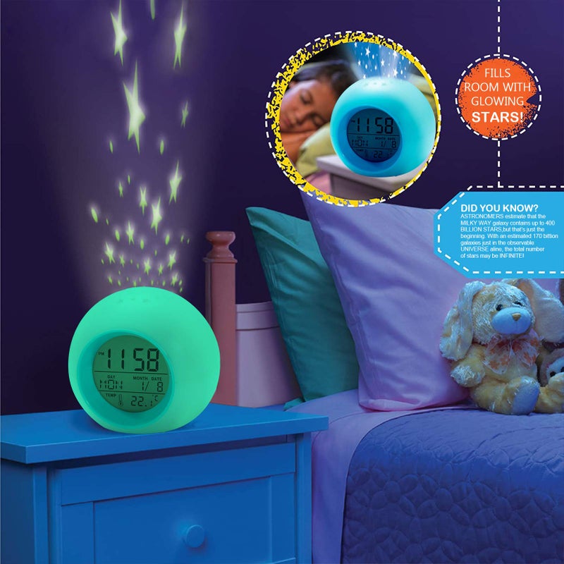 Tarklanda Kids Alarm Clock Boys,Moon Stars Projector Alarm Clock,7 Color Changing Nightlight Clock,Snooze Touch Control Temperature for Kids Bedrooms, Digital Clock for Girls Boys Children Birthday Gifts - Image 5