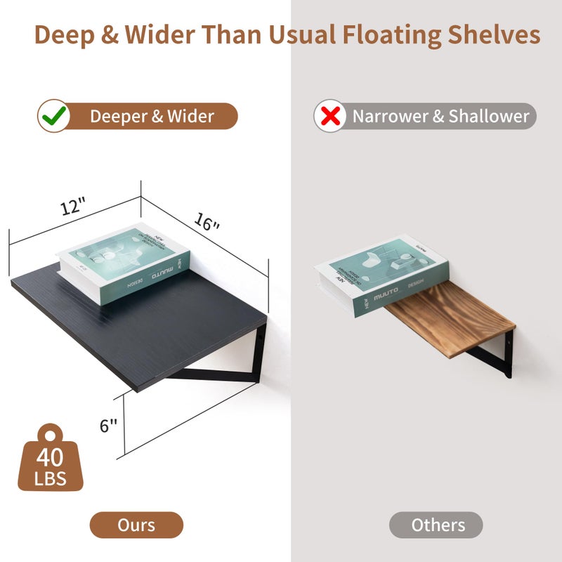 Axeman Deep Floating Shelves for Wall, 16W x 12D Black Floating Shelves Set of 2, 12 Inch Deep Large Wall Mounted Shelves for Living Room Bedroom Bathroom - Image 4