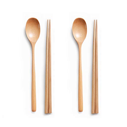 Ecloud Shop® Wooden Spoon Chopsticks Sets Korean Dinnerware Combinations 2pcs - Image 1