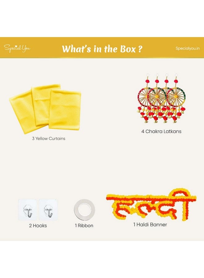 SpecialYou.in Special You Yellow Haldi Decoration Items for Home, Backdrop Decoration Set, Backdrop Cloth for Decorations, Haldi Decor with Multicolor Chakra latkans & Haldi Banner - 11 Pcs - Image 3
