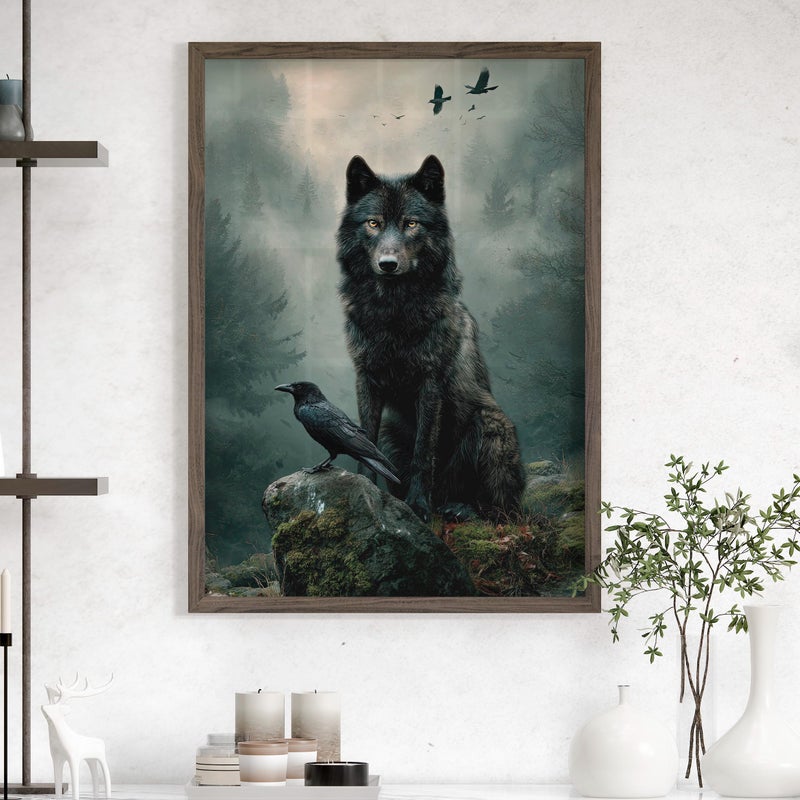 TNESSENTIAL Black Wolf and Raven Art Print Poster or Canvas, Dark Gothic Fantasy Woodland Art, Mystical Forest Wall Decor, Moody Animal Wildlife Poster - Image 1