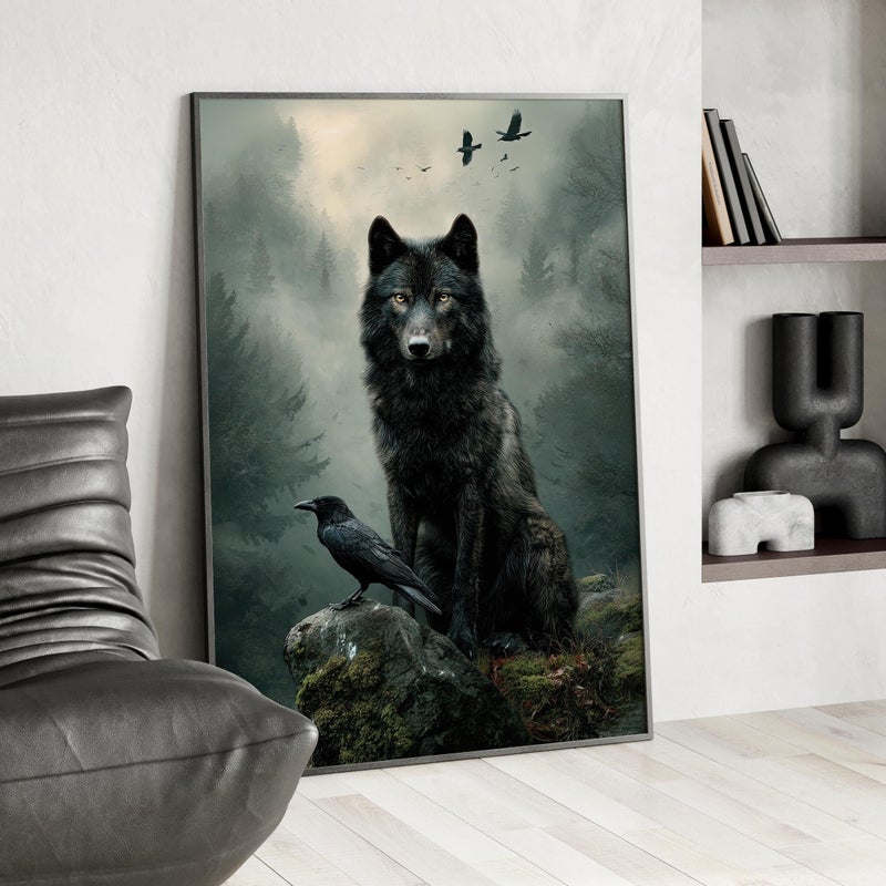 TNESSENTIAL Black Wolf and Raven Art Print Poster or Canvas, Dark Gothic Fantasy Woodland Art, Mystical Forest Wall Decor, Moody Animal Wildlife Poster - Image 3