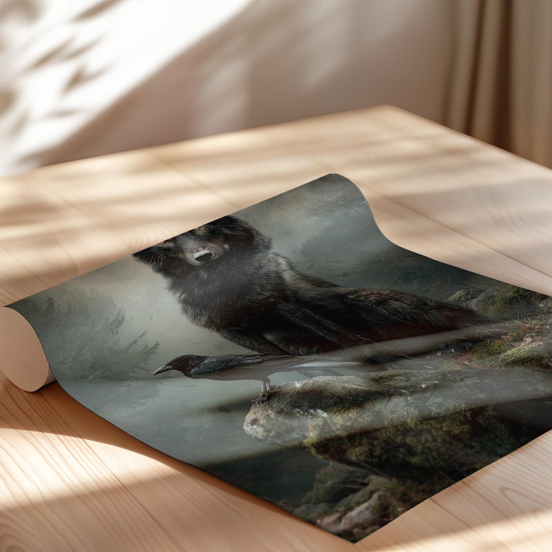TNESSENTIAL Black Wolf and Raven Art Print Poster or Canvas, Dark Gothic Fantasy Woodland Art, Mystical Forest Wall Decor, Moody Animal Wildlife Poster - Image 2