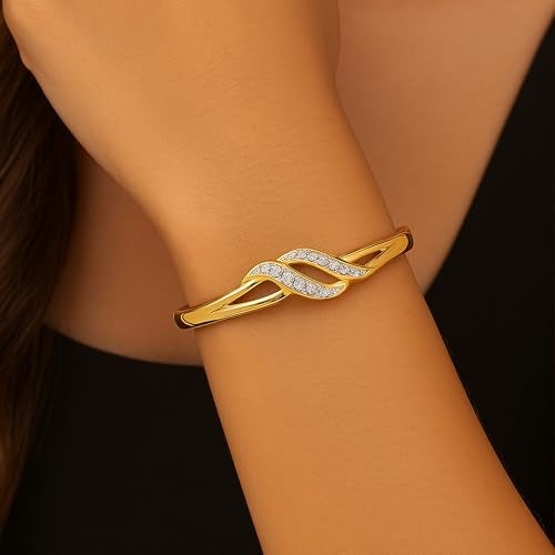 Estele Jewellery Bracelet For Women Gold & Rhodium Plated Wave Designer Twin Line Wrap Cuff Bracelet with White Crystals for Girls and Women-101734-2TNWE BR - Image 2