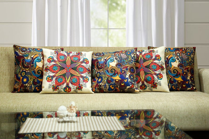 Belive-Me Home 3D Jute Multicolor Cushion Covers 16x16 inches Set of 5 - Multi Peacock Style - Image 1