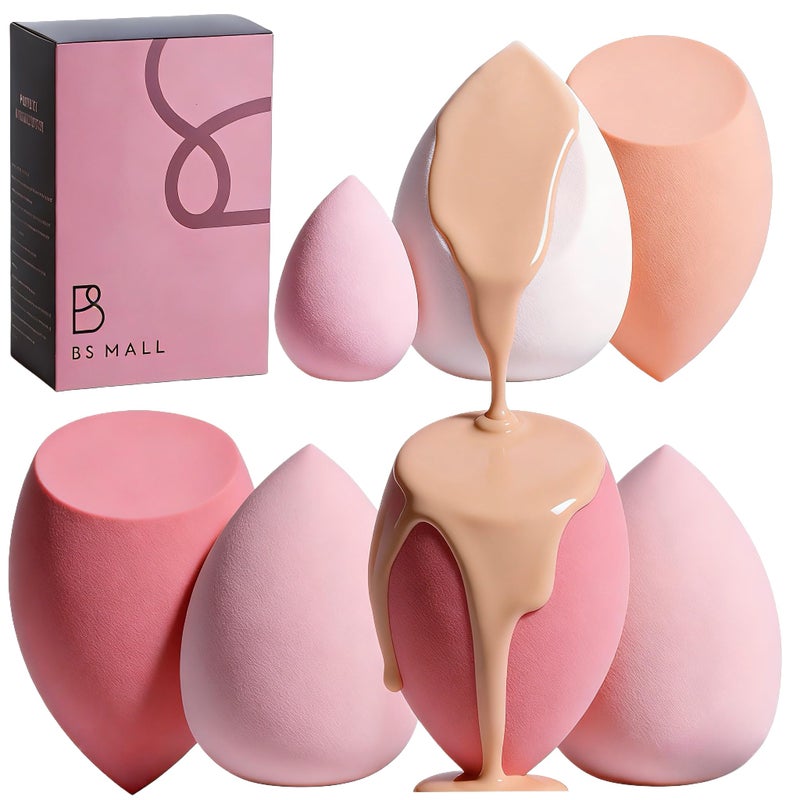 BS Mall Makeup Sponge Set BS-MALL with Storage Case 7 Pcs for Liquid, Cream, and Powder,SAVE Foundation with 1 Mini Makeup Sponge For Travel Daily Use (A-Pinkï¼‰ - Image 1