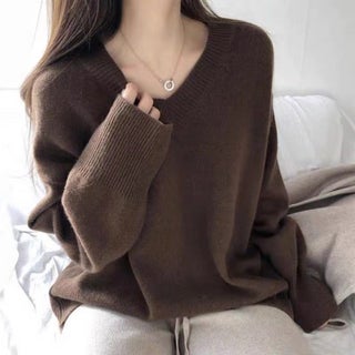 Autumn and Winter Korean Style Lazy V-neck Sweater Outfit Womens Western Style All-match Loose Pullover Knit Base Top Coffee Brown [Cashmere]] - pzsku/ZEC9CE1790A43070649D5Z/45/1746214451/d8c3e12b-6952-4a78-b617-20c47c8a9115