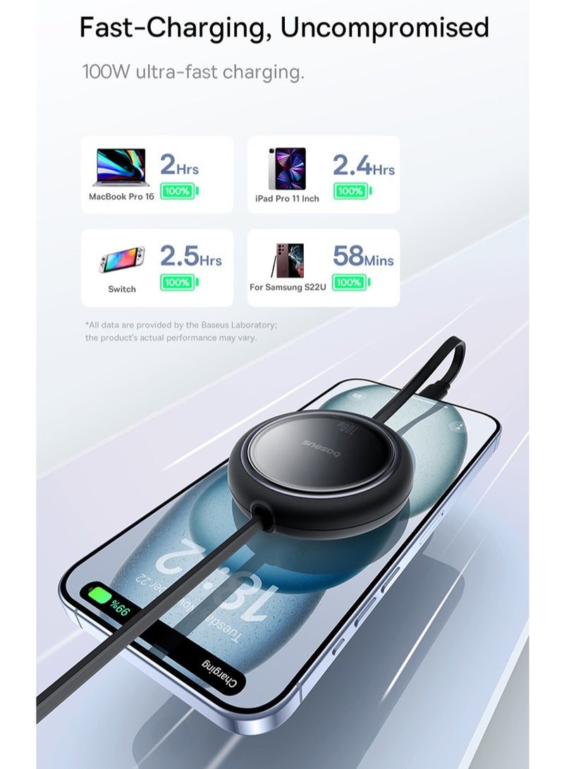 بيسوس كابل بيانات Baseus 100W Free2 Draw Mini قابل للسحب من النوع C إلى النوع C للشحن السريع بطول 1 متر - أسود - Image 4