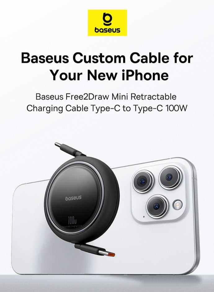 بيسوس كابل بيانات Baseus 100W Free2 Draw Mini قابل للسحب من النوع C إلى النوع C للشحن السريع بطول 1 متر - أسود - Image 3
