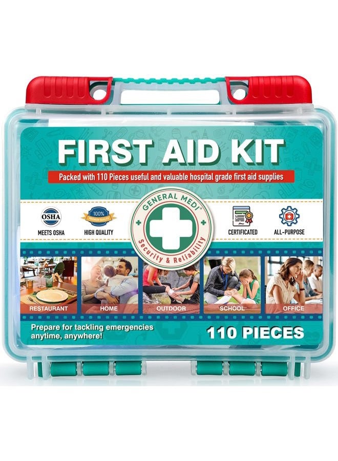 General Medi 110 Pieces Small First Aid Kit - HardCase First Aid Box - Contains Premium Medical Supplies for Travel, Home, Office, Vehicle, Camping, Workplace & Outdoor - Image 1