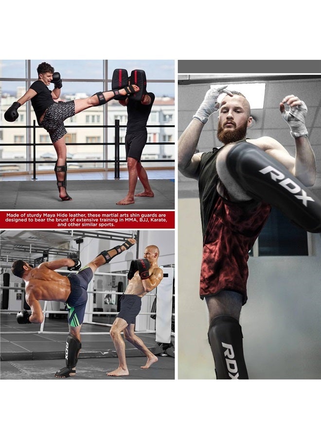 Shin Guards Kickboxing Muay Thai, SATRA SMMAF Approved, Premium Maya Hide Leather, Leg Instep Protection Pads, MMA Martial Arts Kicking Sparring Training Gear, BJJ Karate Boxing Taekwondo, Black