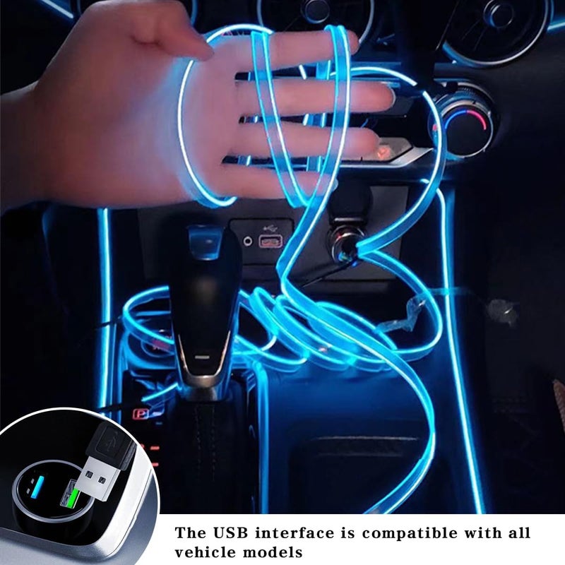 شريط إضاءة LED داخلي للسيارة من نوع EL Wire، بطول 16 قدم (5 فولت USB) شريط نيون أوتوماتيكي، إضاءة محيطة داخلية للسيارة ديكور وإكسسوارات، عالمي للعربات الترفيهية وسيارات الدفع الرباعي والشاحنات (أزرق) - Image 2