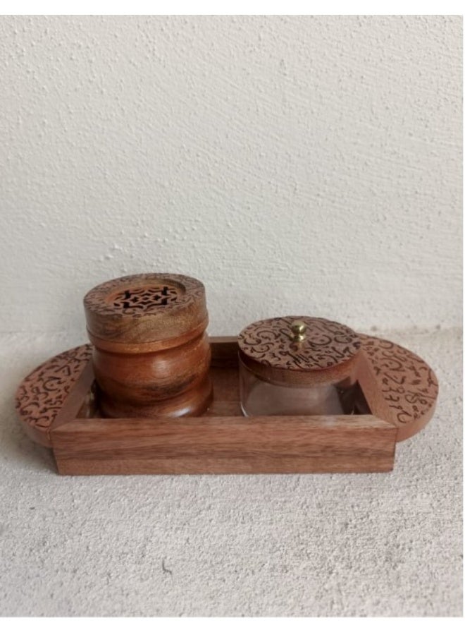 A natural wooden incense burner set, elegant and decorated with Arabic and Islamic engravings and motifs, consisting of (3 pieces), made in India  - Image 3