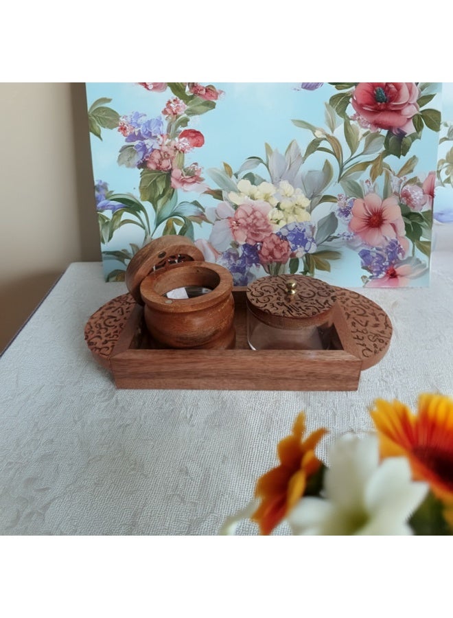 A natural wooden incense burner set, elegant and decorated with Arabic and Islamic engravings and motifs, consisting of (3 pieces), made in India  - Image 2
